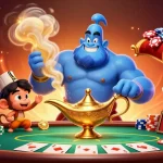 Engage in lively poker action at com with a muscular genie and vibrant casino elements.