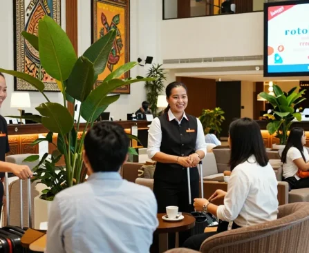Guests experiencing warm hospitality at a lobby from https://rokok88.com, showcasing vibrant decor and friendly service.
