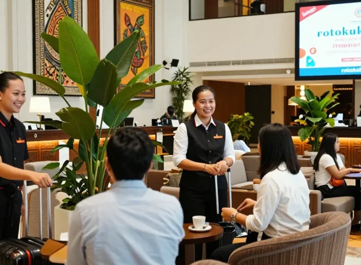 Guests experiencing warm hospitality at a lobby from https://rokok88.com, showcasing vibrant decor and friendly service.