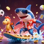 Surf and win big with 0555win in this vibrant, dynamic casino-themed illustration.