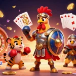Engage with the thrilling gg88 betting site featuring a dynamic 3D illustration showcasing gambling elements and characters.