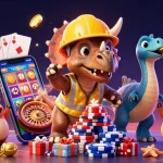 Experience the vibrant energy of F168 casino with a lively scene of cartoon characters celebrating over poker chips and slot games.