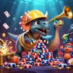 Experience thrilling poker action with KKWIN featuring a lively triceratops building poker chip pyramids.
