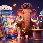 Engage with OKFUN’s thrilling gaming experience featuring a cartoon mammoth bouncer and vibrant slots elements.