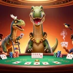 b52 gaming world features a towering brontosaurus overseeing a dynamic poker scene with colorful chips.