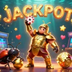 Experience the excitement of FIVE88 with a victorious beetle celebrating a big win amid vibrant slot game themes.