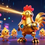 Play slots at U888 while engaging with a golden rooster robot and baby chick drones in a vibrant casino scene.