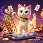 Win88 showcases an Egyptian mummy cat and scarab beetle in a vibrant casino setting.