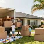 Moving companies Tauranga staff assisting a cheerful family during packing and loading on moving day.