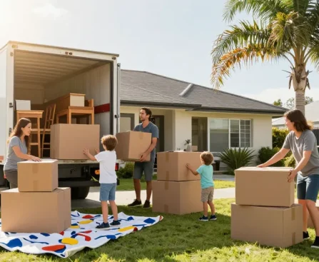 Moving companies Tauranga staff assisting a cheerful family during packing and loading on moving day.
