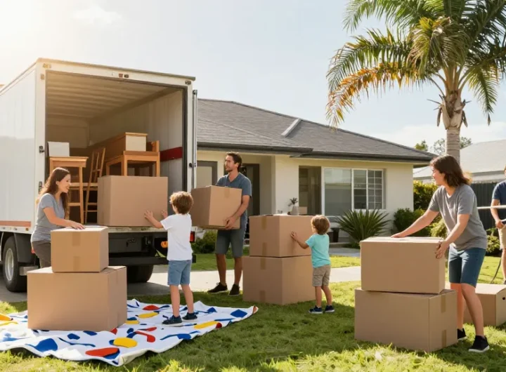 Moving companies Tauranga staff assisting a cheerful family during packing and loading on moving day.