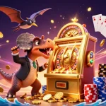 FAFA828 brings excitement as a cartoon dinosaur cheers a jackpot win, surrounded by sparkling casino elements.