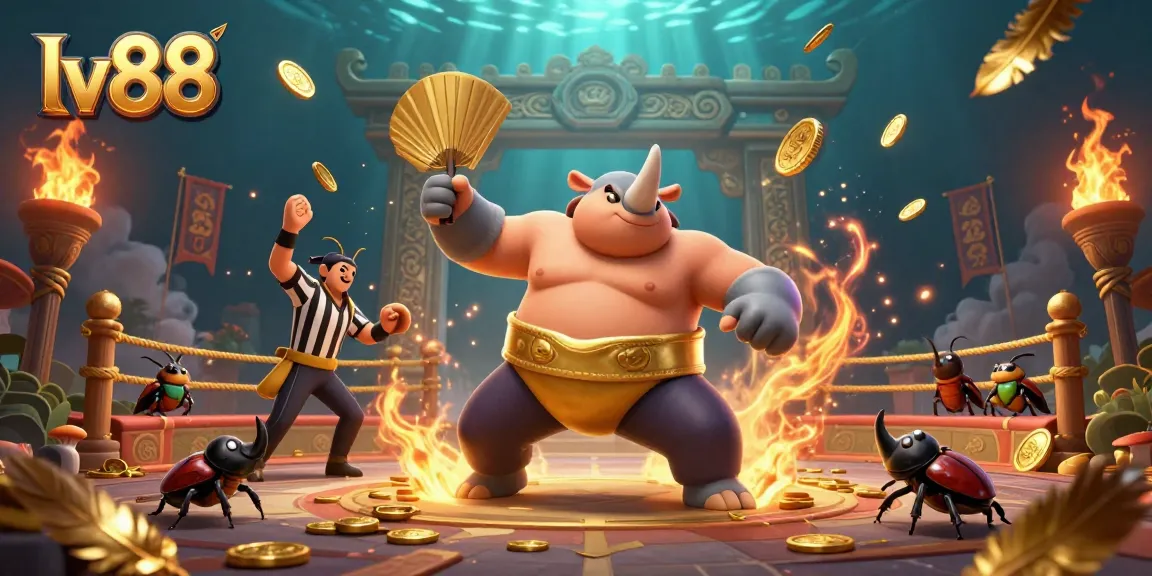 Witness the lv88 excitement as a rhinoceros beetle champion dominates the arena, showering coins during a thrilling match.