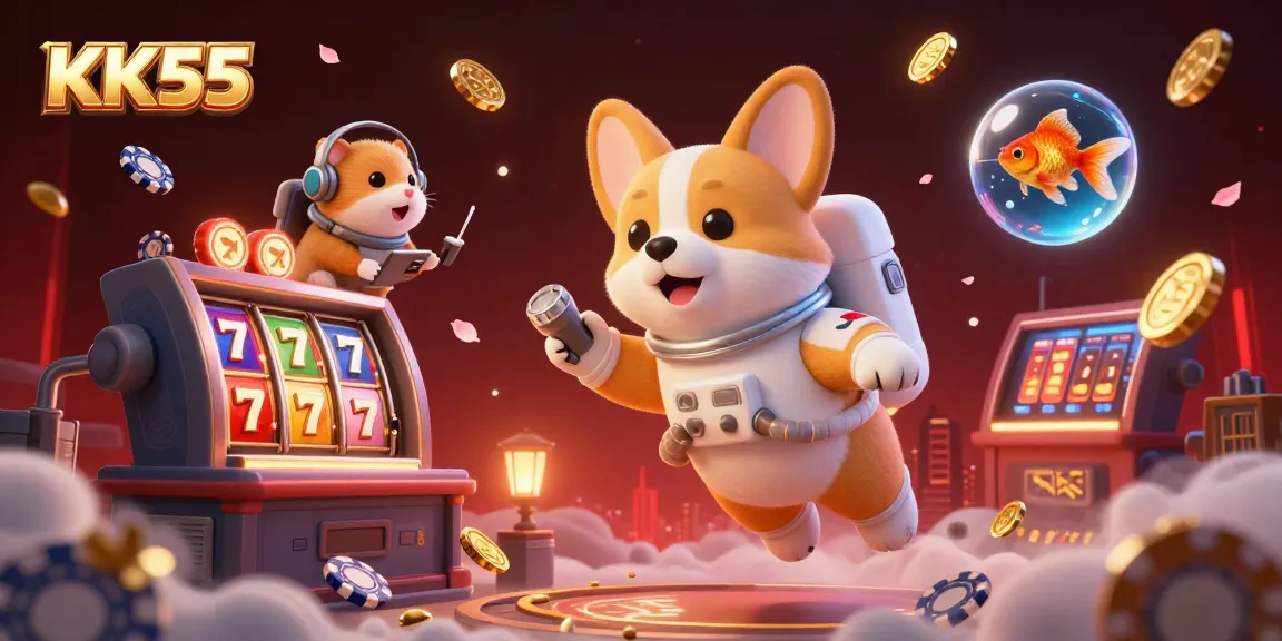 Experience thrilling gameplay at KK55 with our cartoon astronaut corgi in a vibrant casino scene.