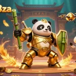 Experience the excitement of lucky88za with a mech-suit panda in a bustling casino arena.
