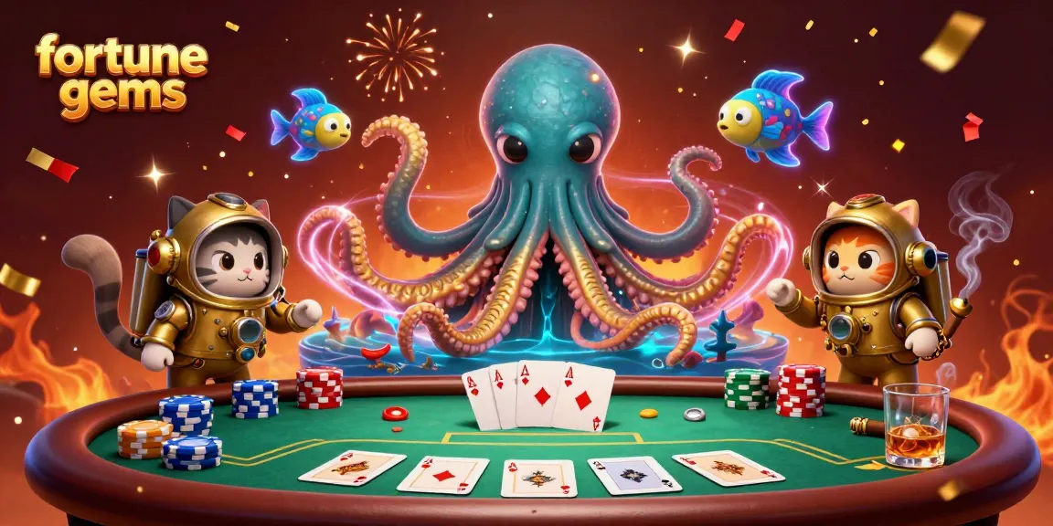Engage with fortune gems as kraken, diving cat, and fish gather poker chips at the casino table.