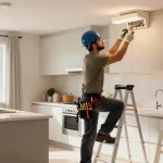 Electrician near you wiring fixtures in a modern kitchen, showcasing expert skills and tools.
