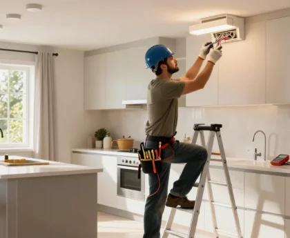 Electrician near you wiring fixtures in a modern kitchen, showcasing expert skills and tools.