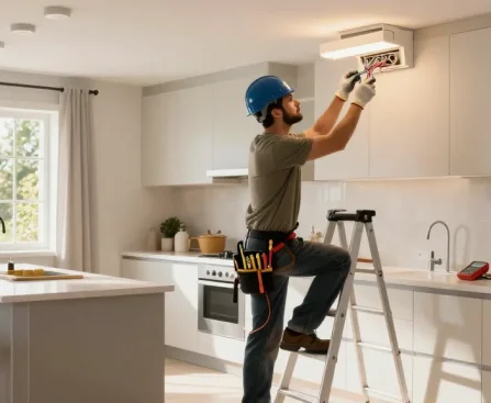 Electrician near you wiring fixtures in a modern kitchen, showcasing expert skills and tools.