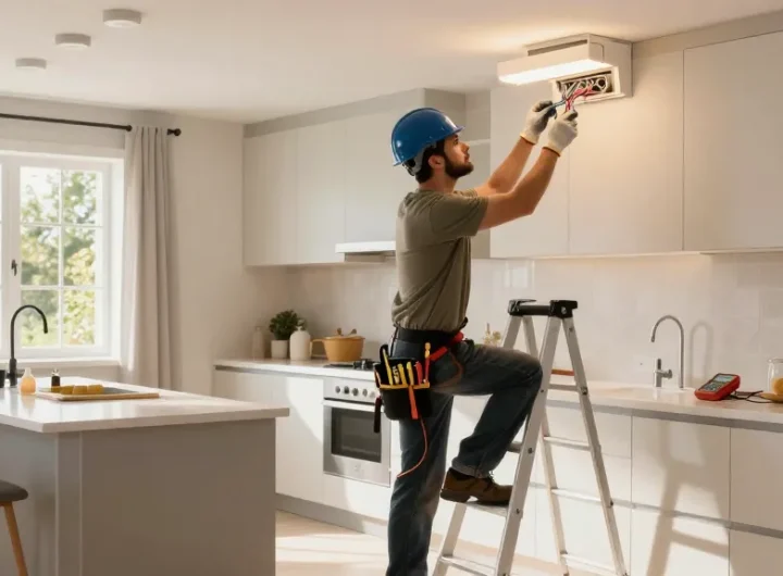 Electrician near you wiring fixtures in a modern kitchen, showcasing expert skills and tools.