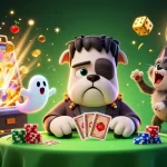 Engaging scene at open888 features a cartoon bulldog monster dealing cards with falling coins and dynamic elements.