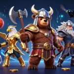 Experience the thrill of 11WIN with a dynamic 3D cartoon Viking bear and Valkyrie eagle in an energetic casino setting.