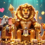 Experience the thrill of sunwin gaming with a majestic lion king, glowing arcade elements, and excitement in every detail.