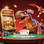 Experience excitement at qq88 as a pachycephalosaurus hits a slot machine, coins flying in action.