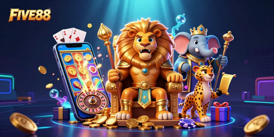 Engage with thrilling gambling adventures at FIVE88, featuring vibrant casino characters and dynamic games.