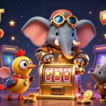 Experience the excitement of 9BET's casino with a vibrant steampunk scene featuring a slot machine and animated characters.