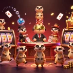 ph33 casino illustration featuring meerkats as dealers and a pit boss amidst vibrant, dynamic elements