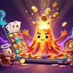 ZBET showcases a thrilling casino experience with a triumphant volcano spilling treasure and a dynamic smartphone slot game.