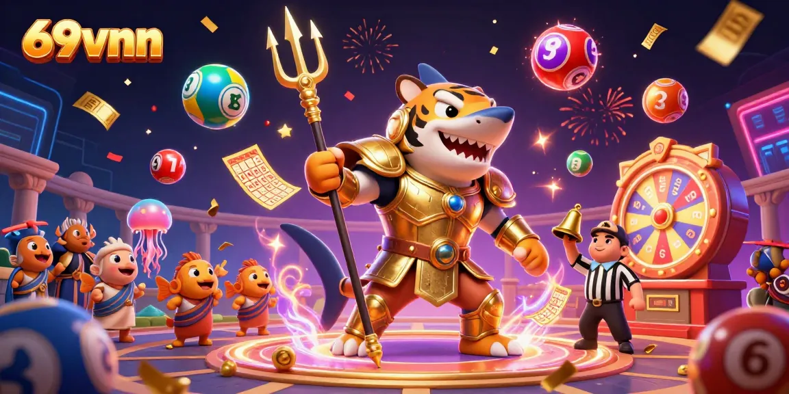 Watch the thrilling 69vnn underwater casino scene with a golden tiger shark and colorful lottery elements.