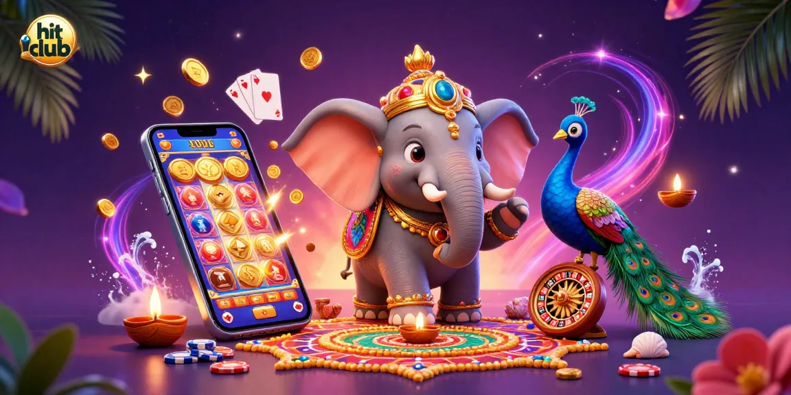 Hit club depicts a vibrant scene with a Diwali-themed elephant and colorful casino games celebrating winning strategies.