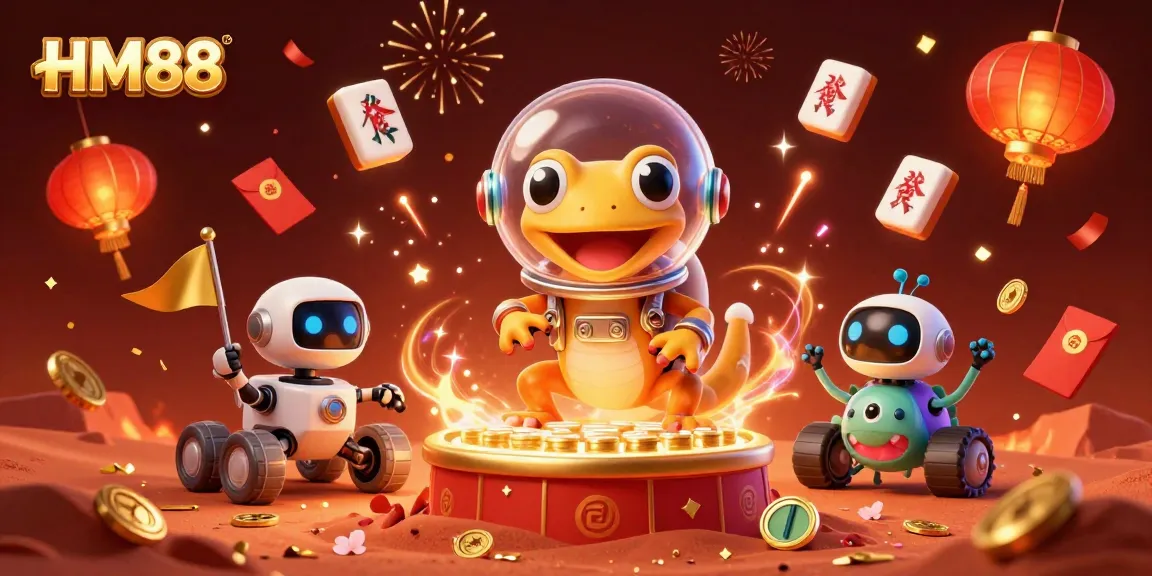 Experience the thrilling adventure of HM88 with a Martian gecko exploring a golden casino in vibrant visuals.