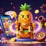Experience the vibrant Okfun casino scene with a pineapple king and playful jester in action.