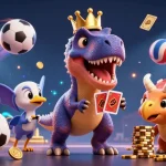 da88s showcases a vibrant casino scene with dinosaur characters mixing cards and betting.