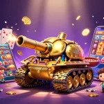 Engage with rr88ca's vibrant casino scene featuring a golden beetle tank showcasing miniature gambling inside.