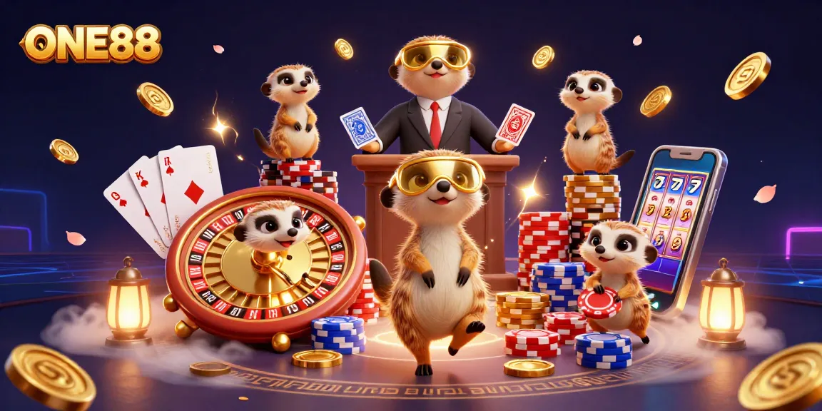 ONE88 meerkats operating a vibrant casino with dynamic gambling elements and rich visual details.
