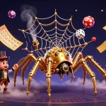 Experience H555 with an engaging steampunk casino scene featuring lottery balls, a playful spider, and festive confetti.
