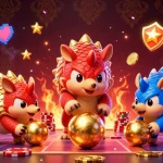 M98 gaming rival pangolins compete in this vibrant casino-themed illustration filled with arcade elements.