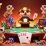 8XBET meerkats operate a vibrant casino with poker action, colorful chips, and engaging game elements.