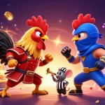 Experience thrilling action as sv88's samurai rooster battles a ninja in a dynamic gambling scene.
