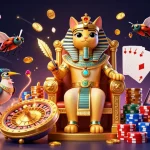 Spin to win with hubet on an ultra-detailed 3D casino illustration featuring a pharaoh cat and gambling elements.