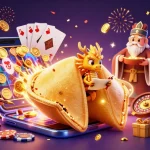 Experience the excitement at OK8386 with a vibrant fantasy casino scene featuring a golden fortune cookie, wise dragon, and dynamic game elements.