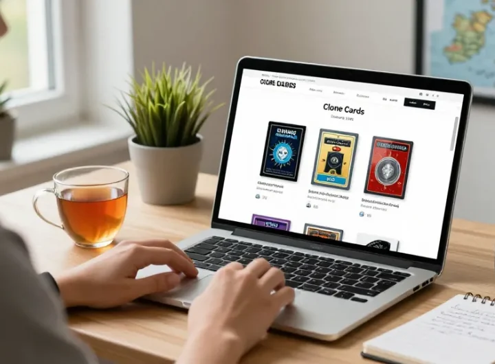 User shopping for clone cards on Clone Cards Shop UK from a cozy home office.