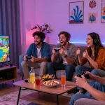 Friends enjoying an exciting gaming session with 78win's fishing game in a cozy living room.