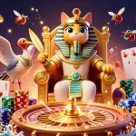 TT88 pharaoh cat throne depicting an exciting casino scene with sparkling gems and coins.