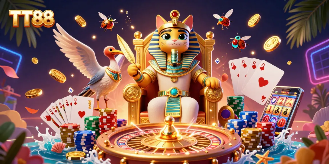 TT88 pharaoh cat throne depicting an exciting casino scene with sparkling gems and coins.