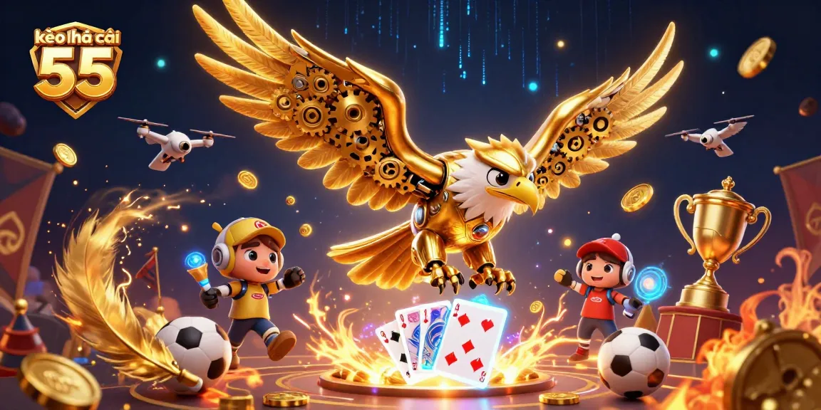 Engage in action with kèo nhà cái 55, showcasing a golden eagle amidst dynamic sports betting elements.